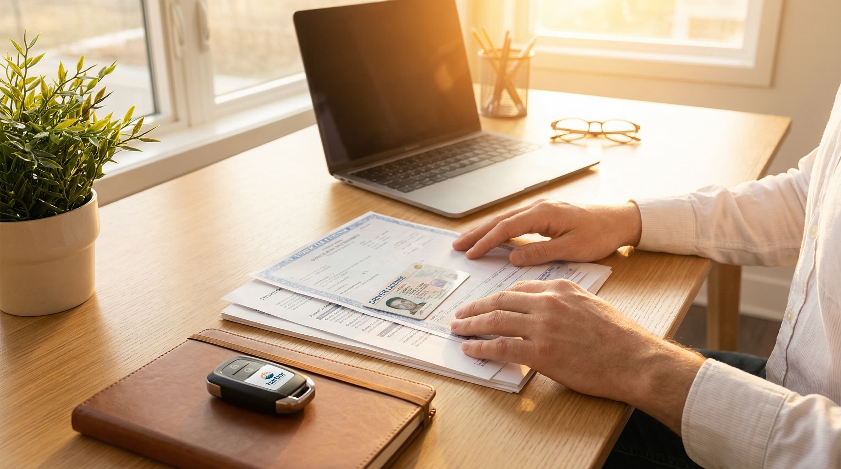 Person reviewing title loan documents with car key nearby